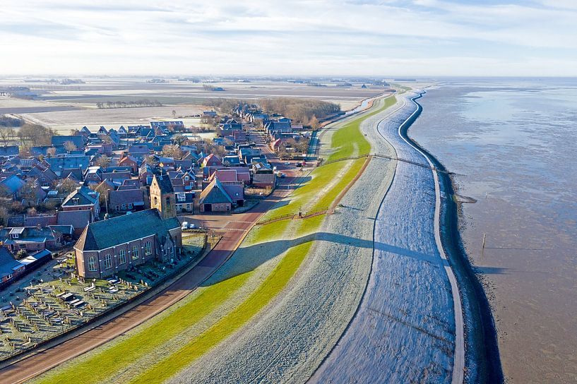 Aerial view of the village of Wierum on the Wadden Sea in Friesland Netherlands on a beautiful winter day by Eye on You
