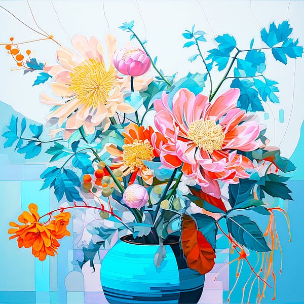 Nature morte aux fleurs avec vase en bleu aqua par Vlindertuin-Art