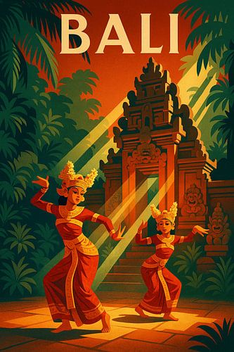 Bali Art Deco Poster - Legong Dansers en Tempel Licht