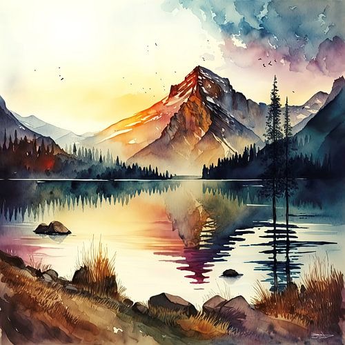 Watercolour of a landscape.