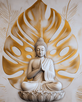 Buddha vor goldenem Monstera-Blatt