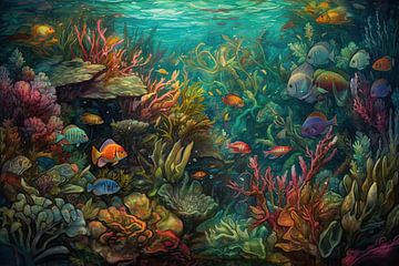 Peinture de la mer avec des poissons sur Tableaux ARTEO