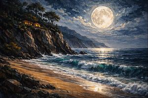 Ocean Waves and Moonlit Coastal Cliff