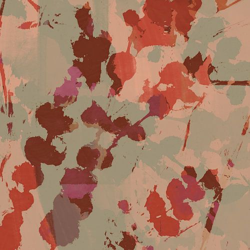 Abstract botanisch. Bladeren en bloemen in warm rood, bruin en lichtgroen.