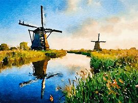 Illustratie van een Nederlands landschap met twee molens van The Photo Artist