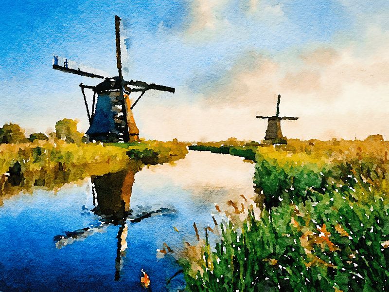 Illustration of a Dutch landscape with two windmills by The Photo Artist