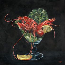 Cocktail de crevettes dans un verre, peinture à l'huile sur Astridsart