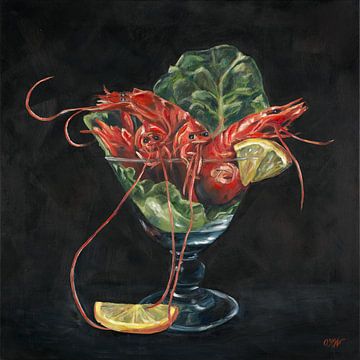 Cocktail de crevettes dans un verre, peinture à l'huile sur Astridsart