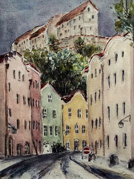 Burghausen - Mautnergasse mit Burg von Christine Nöhmeier