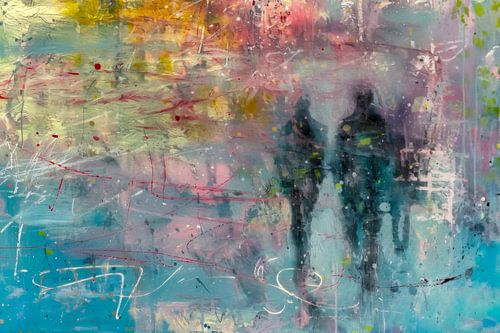 Abstract schilderij,  blauw, geel, roze en wit