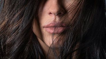 Photo d'un beau visage féminin avec de longs cheveux noirs branche beauté sur Petra Niessen