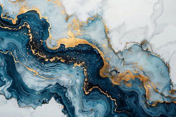 Marmordruck dunkelblau, gold und weiß