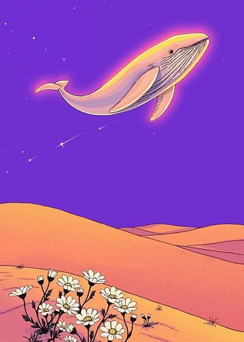 Vliegende walvis boven woestijnduinen - surrealistische lucht droomlandschap kunst