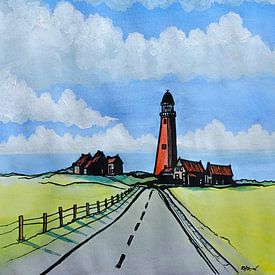 Eierland Leuchtturm vom Vuurtorenweg | Handgemalte Aquarellmalerei von WatercolorWall
