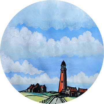 Eierland Vuurtoren vanaf de Vuurtorenweg | Handgemaakte Aquarel Schilderij van WatercolorWall