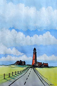 Eierland Vuurtoren vanaf de Vuurtorenweg | Handgemaakte Aquarel Schilderij van WatercolorWall