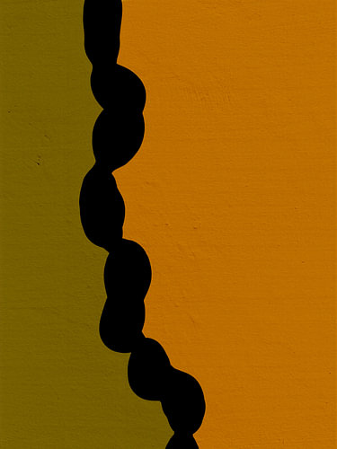 Modern Minimalistisch Abstract: Zwarte organische lijn op okergeel en olijfgroen