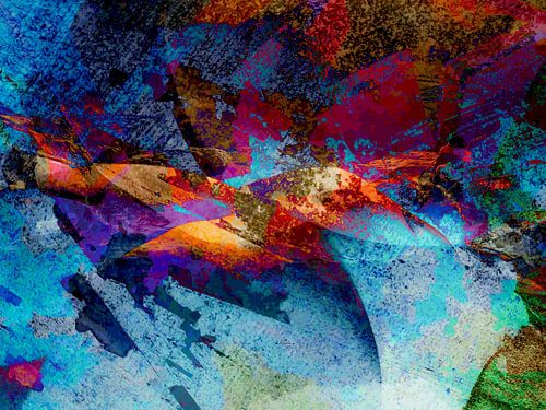 Modern, Abstract Digitaal Kunstwerk in Blauw, Oranje, Rood