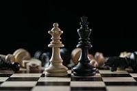Chess pieces queen and king in front of a of fallen chessmen after a battlefield on a chessboard aga