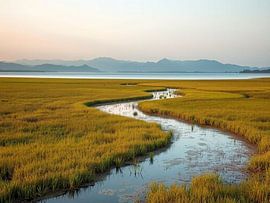 Serpentine River Winding Through Golden Marshlands Towards Distant Mountains at Sunset by Artistic
