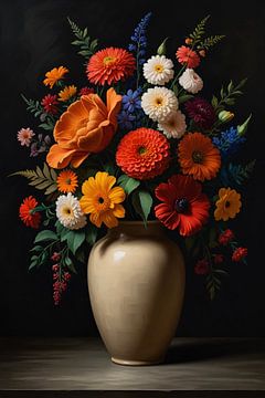 Vase vibrant avec une sélection de fleurs colorées sur De Muurdecoratie