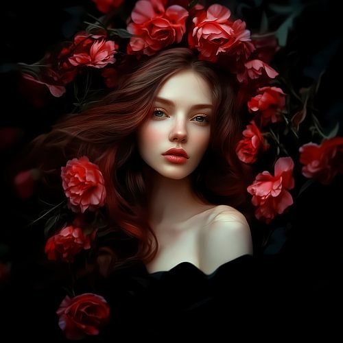 Flower Secrets: Soft Red I Frau mit roten Blumen und rotem Haar