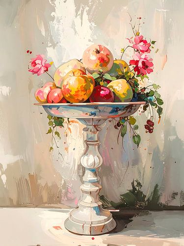 Romantisch stilleven: Fruitschaal met bloemen