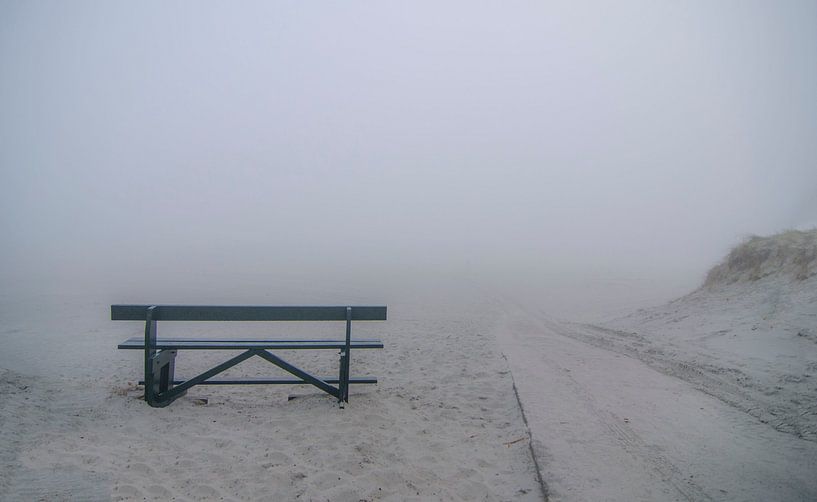 Leaving bench in the fog on the beach of Ameland. by Greet ten Have-Bloem