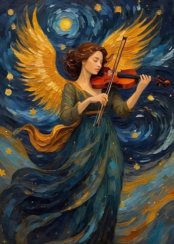 Vrouwelijke engel met vleugels speelt viool in sterrennacht