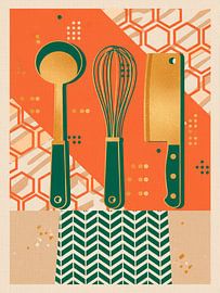 Moderne Kochkunst: Grafische Küchenutensilien in Gold, Orange und Grün von STUDIO ARTSY