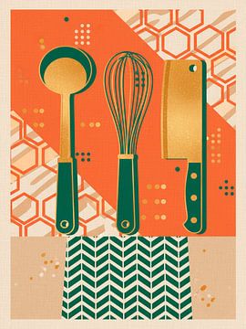 Modern Kitchen Art: Graphic kitchenware in gold, orange and green by STUDIO ARTSY