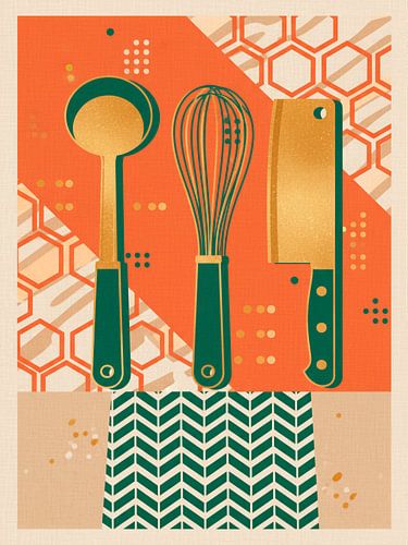 Moderne Kochkunst: Grafische Küchenutensilien in Gold, Orange und Grün