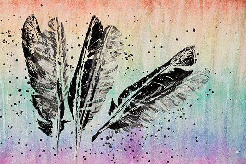 Malerei mit Federn in Schwarz und Weiß auf Regenbogenpastell