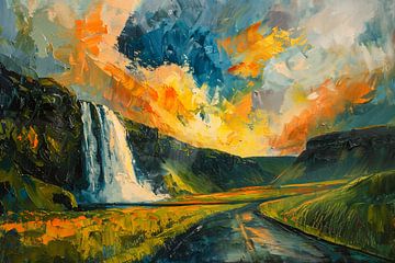 Kleurrijke waterval bij zonsondergang schilderij van Art & Soul Creations