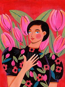 Femme moderne abstraite avec des tulipes sur Caroline Bonne Müller