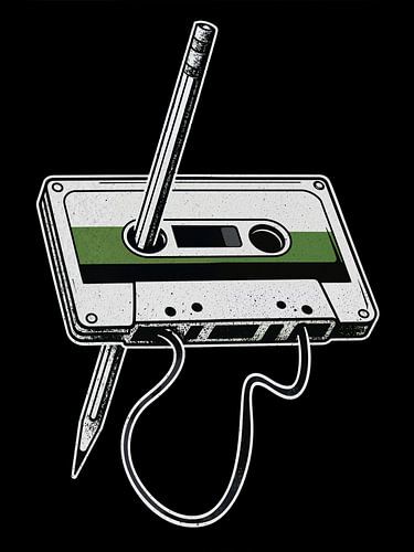 Geïllustreerd cassettebandje met potlood op zwarte achtergrond