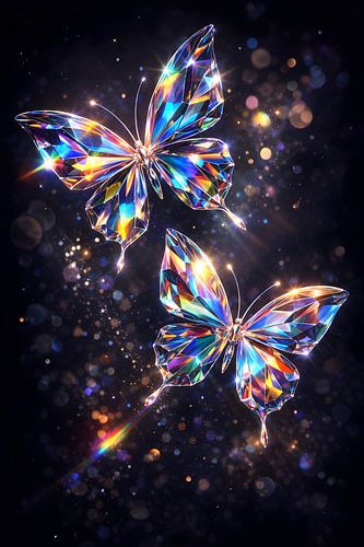 Farbenfroher Kunstdruck auf Glas mit prismatischem Diamantkristall-Schmetterling