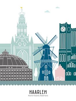 Skyline illustratie stad Haarlem in kleur