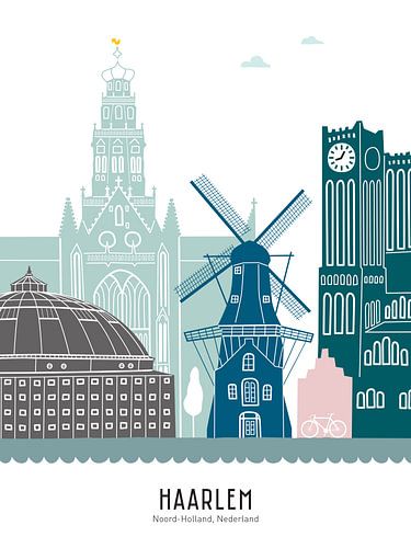 Skyline illustratie stad Haarlem in kleur