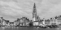 Grote Markt with the cathedral in Antwerp - black and white