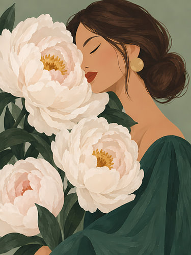 Pivoines blanches dans la lumière émeraude