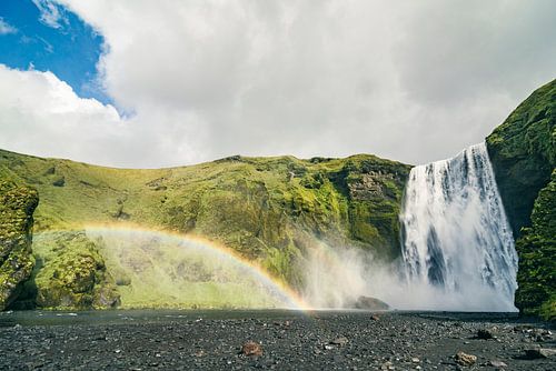 Skogafoss waterfall in Iceland on a summer's day with long expos