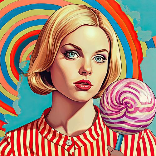Vrouwenportret met lolly in popart stijl