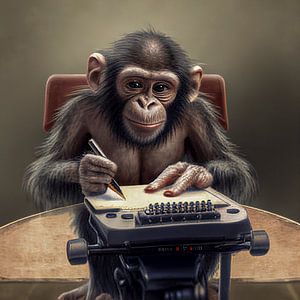 Porträt eines Schimpansen an einer alten Schreibmaschine von Animaflora PicsStock