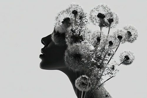 surrelistische vrouw met bloemen paardenbloemen