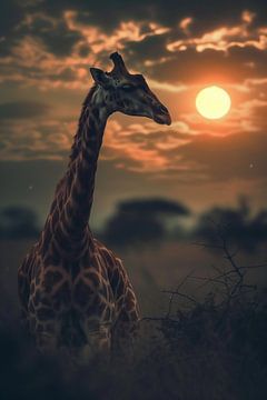 Giraffe in de zonsondergang van fernlichtsicht