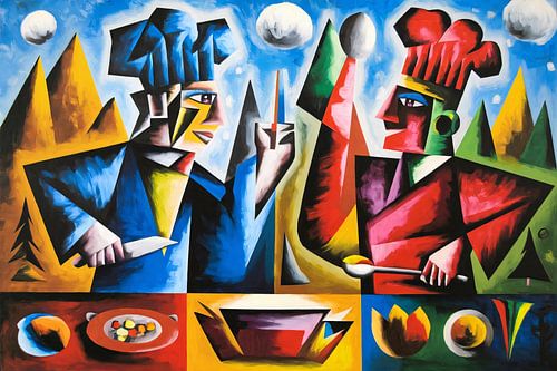 Kubistische koks met keukenartikelen