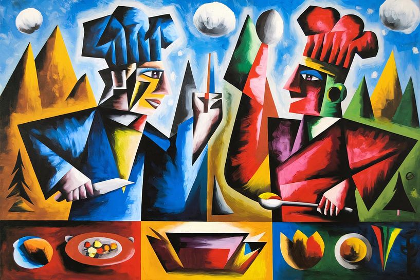 Cubist chefs with kitchen items by Art & Soul Creations