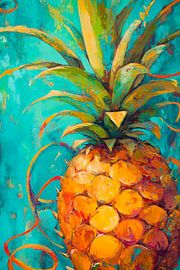 Colourful pineapple against a watercolour blue background by Poster Art Shop