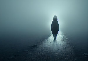 Silhouette einer Frau, die im Nebel spazieren geht,  Art Illustration